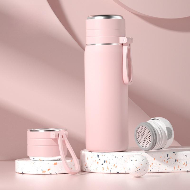 500/600ml 304 Stainless Steel Bullet Thermos, Matte Pastel Portable Lanyard Leakproof Vacuum Water Bottle Student School Travel