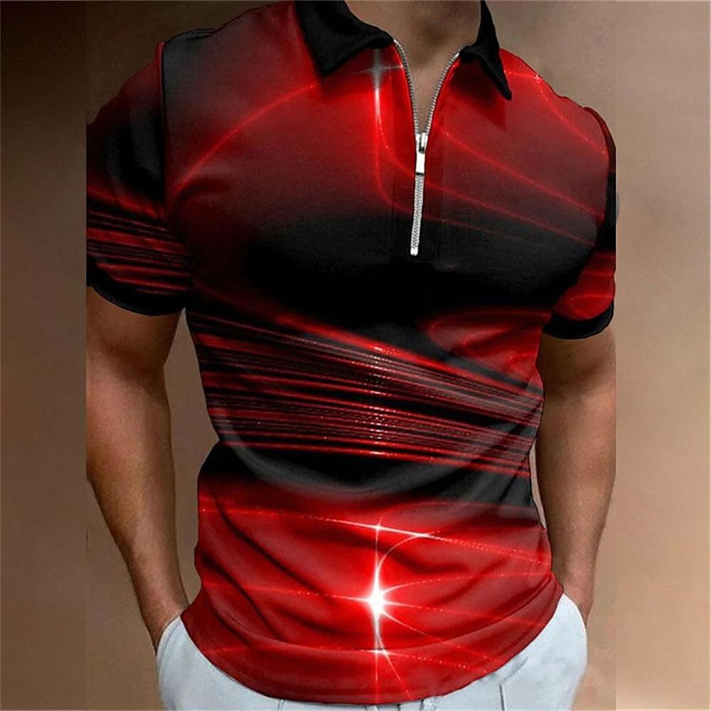 Men's Zip-up Short Sleeve Polo Shirt, Stylish Abstract Design, Casual Essential