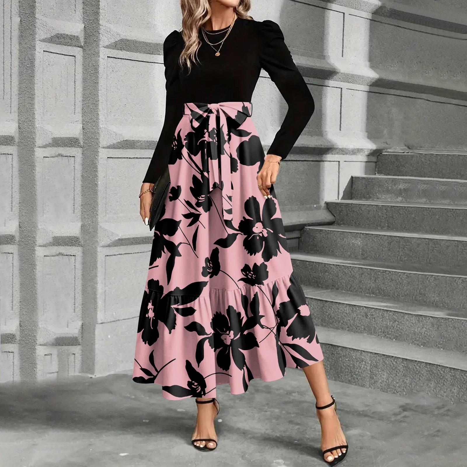 Women s Fashion Floral Print High Waist Tie Waist Long Sleeve Maxi Dress Casual Elegant Floor Length Dress for Daily Wear XL
