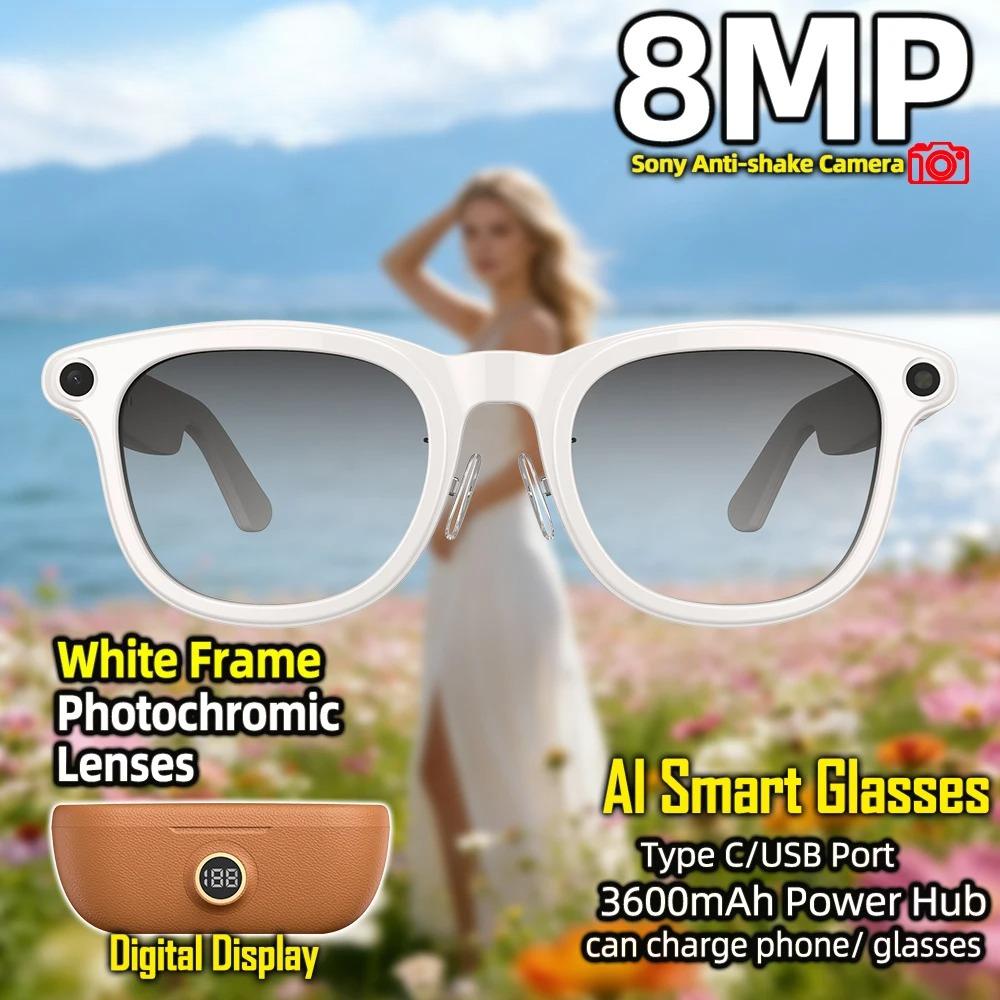 Nuovi Occhiali Intelligenti AI con Fotocamera Anti-shake a 6 Assi da 8MP, Riprese Video 1200P, Lenti Fotocromatiche, Power Bank da 220mAh con Display, Traduzione AI, Riproduzione Musicale