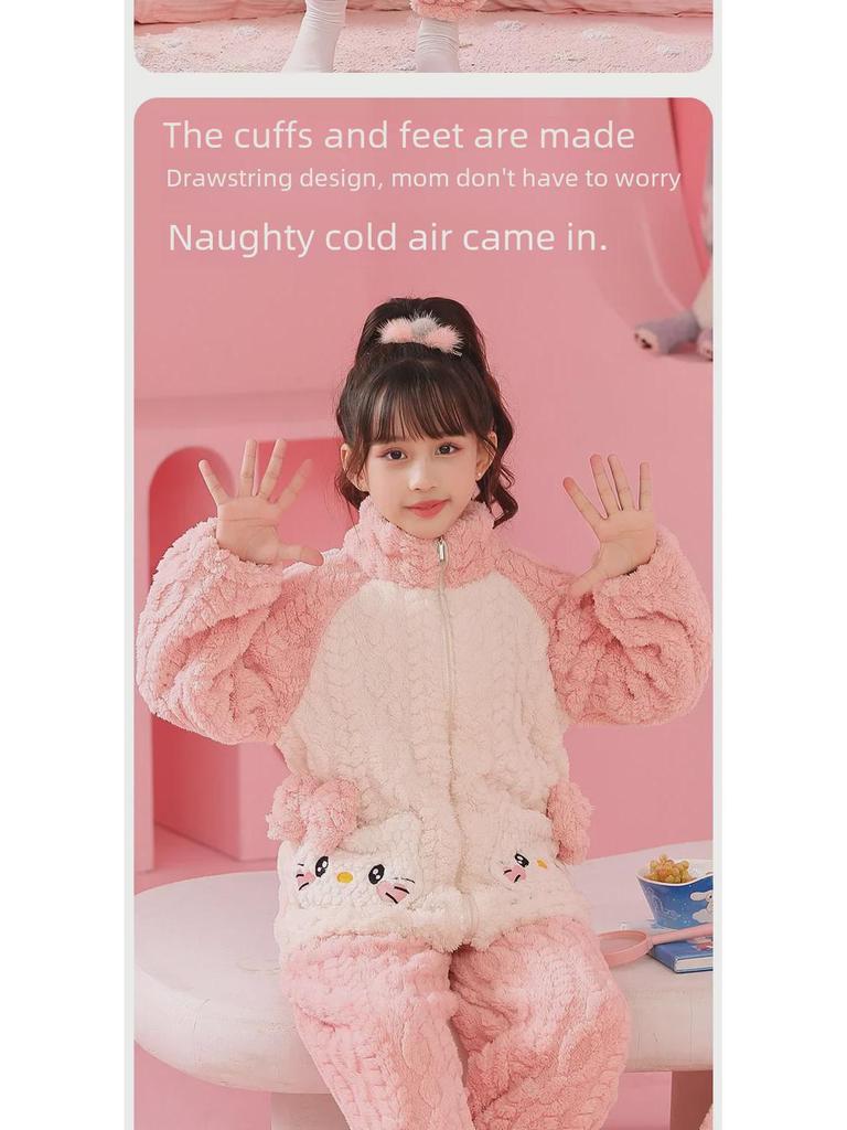 Pijamale Toamnă/Iarnă din Fleece Coral pentru Fete - Desene Animate Drăguțe, cu Fermoar, Guler Înalt, Mărimi Mici spre Medii