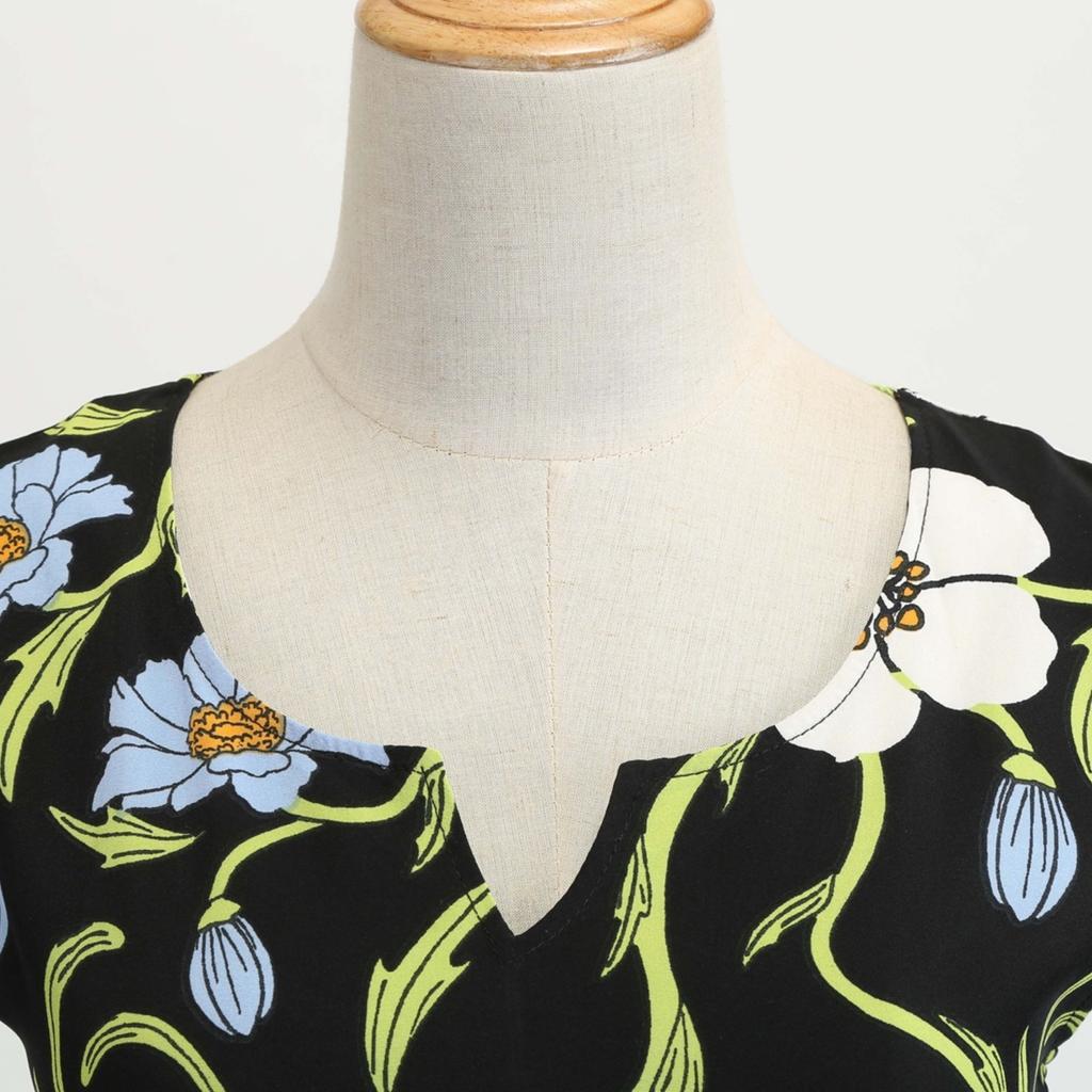 GMXIA Vintage Women's Dress with Half Open Collar Sleeve Full Print Skirt with Black Ribbon