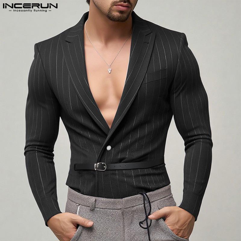 INCERUN Men Deep V Neck Long Sleeve One Button Striped Thin Blazer Short Coats