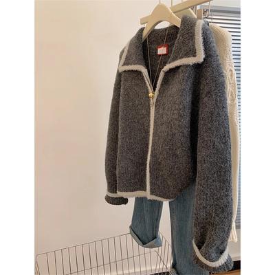 Grey Zipper Sweater Jacket Women's Autumn and Winter Wear Thickened Loose Short Knitted Cardigan Lapel Top