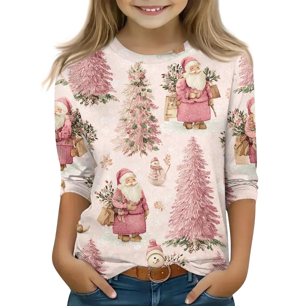 Christmas Day Print Tops For Youth Girls 5-16 Years Round Neck 3/4 Sleeves T-Shirts Trendy Tops Outfit Tees