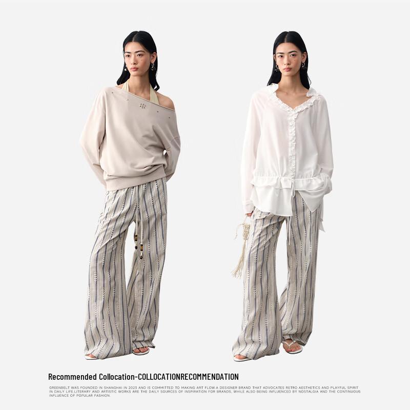 GREEN BELT Women's Embroidered Striped Drawstring Straight-Leg Casual Pants