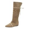 Cowhide retro inner height-increasing pointed head high tube boots, new string-strap pleated thin boots, folded and two stacked boots