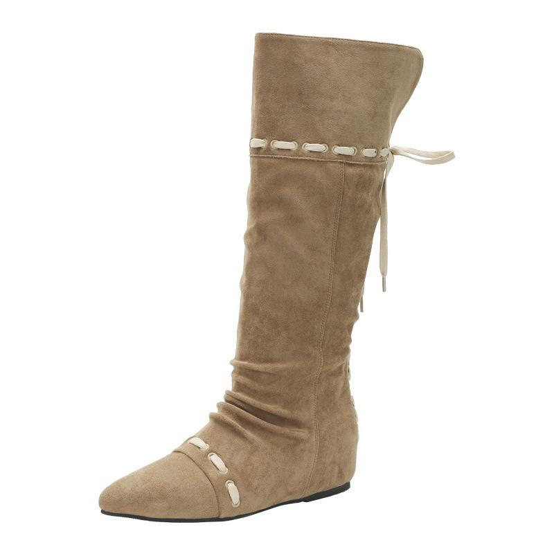 Cowhide retro inner height-increasing pointed head high tube boots, new string-strap pleated thin boots, folded and two stacked boots