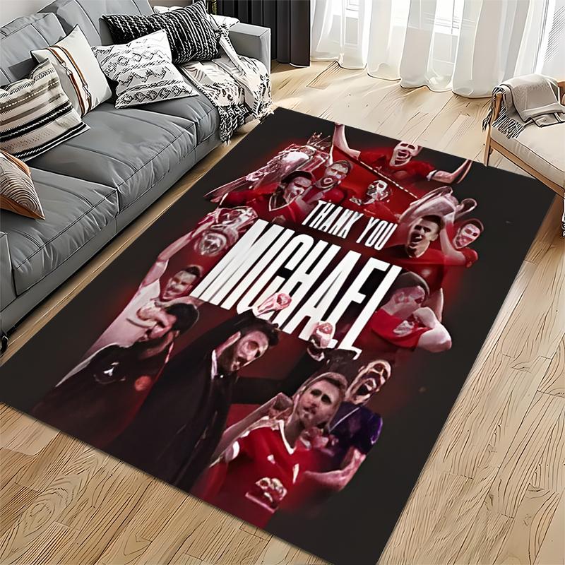 Football Club Area Rug, Thank You Michael Manchester United Players Trophy Celebration Red Print, Soccer Fan Decor, Non-Slip Mat