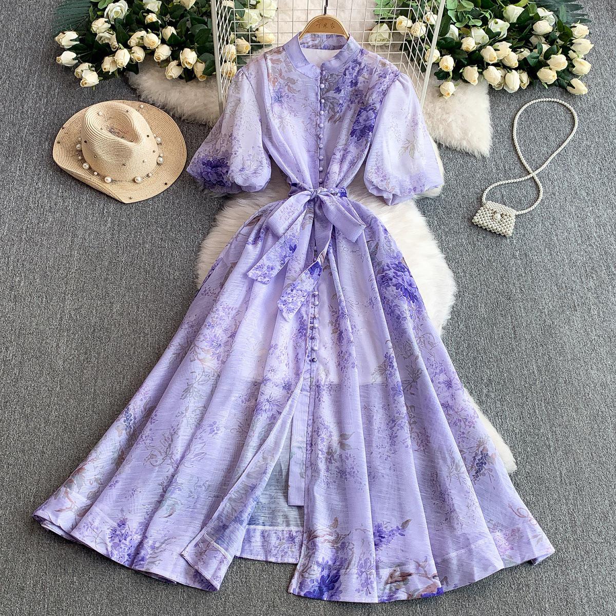 

European Palace Style Retro Print Puff Sleeve Summer Dress with Tie-Up Waist and Flared Skirt One Size лавандовый