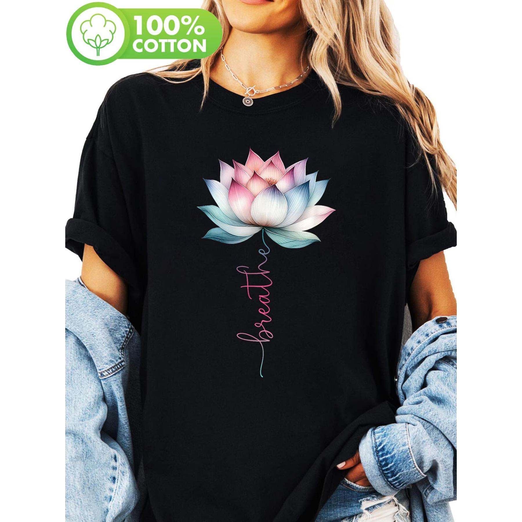 

Lotus Flower Print T-shirt, Short Sleeve Crew Neck Casual Top for Summer & Spring, Women s Clothing XXL чорний