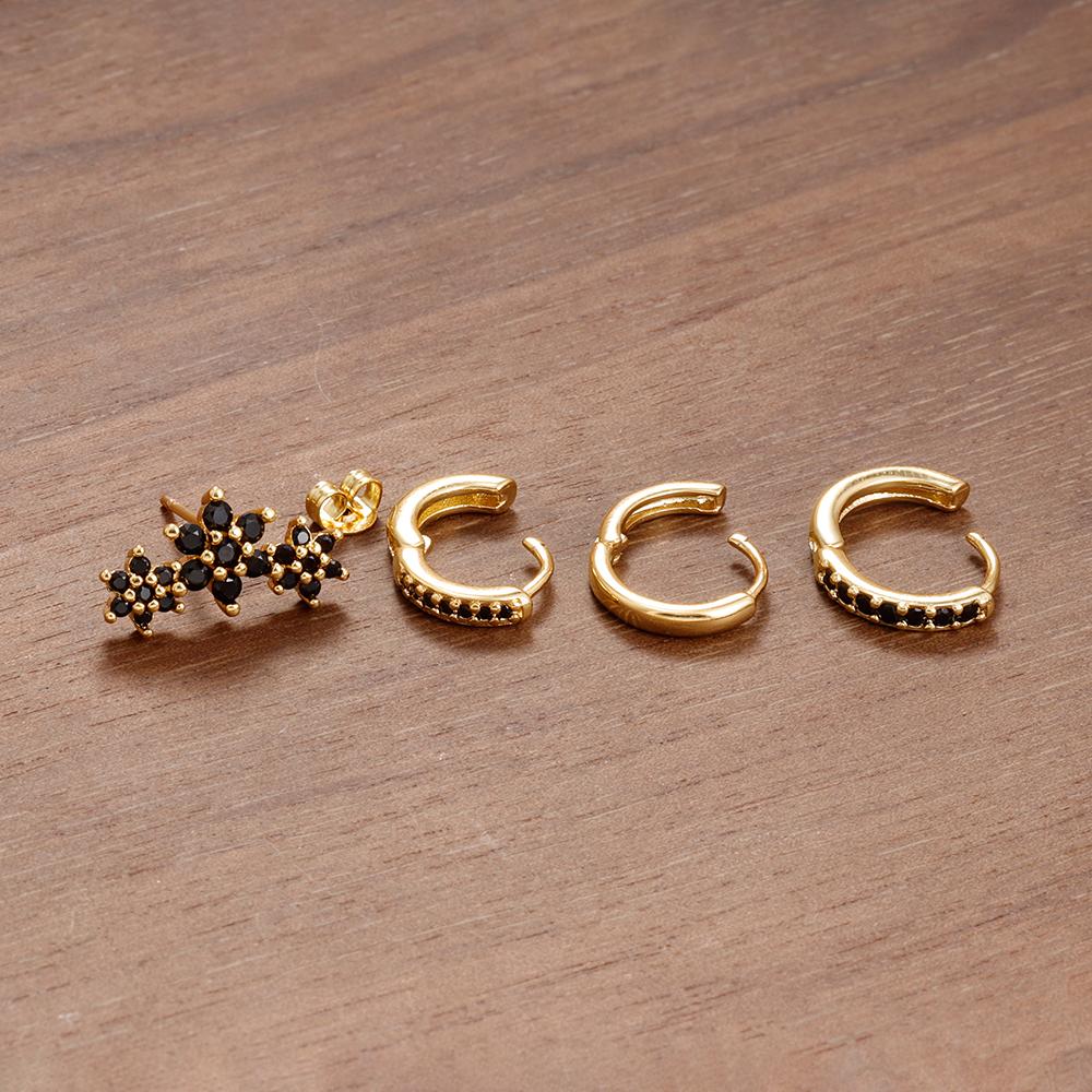 4PCS Fashion Stainless Steel Zircon Round Hoop Earrings Set For Women European Simple Hoops Flower Ear Stud Wedding Jewelry