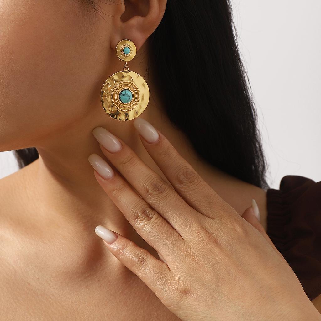 Stainless Steel Geometric Turquoise Inlaid Round Earrings Elegant High Grade Personality Earrings For Women Trendy Jewelry