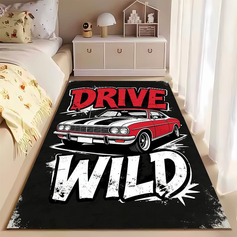 "Drive Wild Car-Themed Carpet with Bold Text and Retro Design" Suitable for use as an anti-slip for living room bedroom sofas