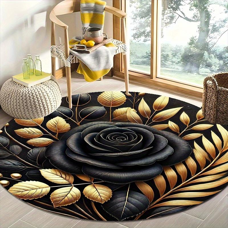 Elegant Black and Gold Rose Round Rug,Luxury Non-Slip Mat for Living Room,Lightweight Washable Polyester,Ideal Housewarming Gift