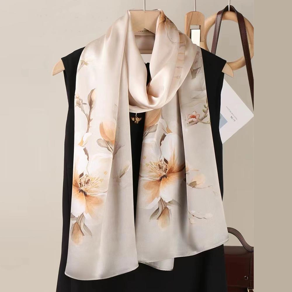 New Blue Women'S 100% Mulberry Silk Scarf Shawl 175*52Cm Fashion Floral Design Long Scarves Wraps Fall Winter Headscarves