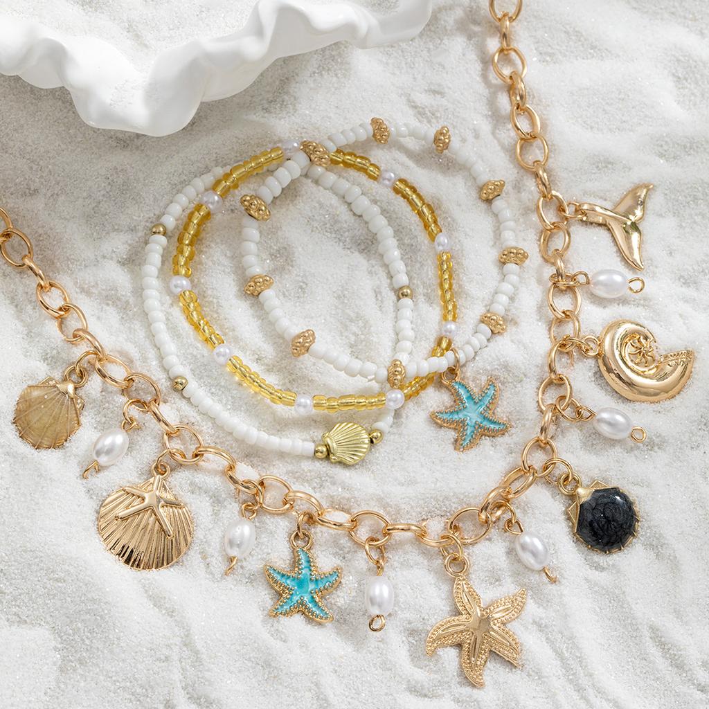 Bohemian Ocean Style Necklace and Bracelet Set with Imitation Starfish, Shell and Pearl Pendants