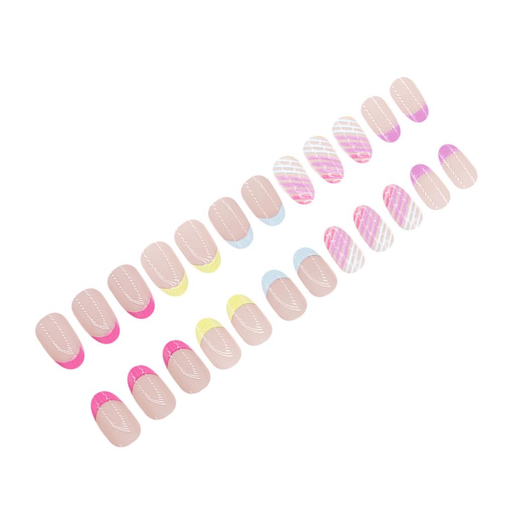 24PCS Nude Short Fake Nails with Colorful Tip Long Lasting Safe Material Waterproof False Nails for Stage Performance Wear