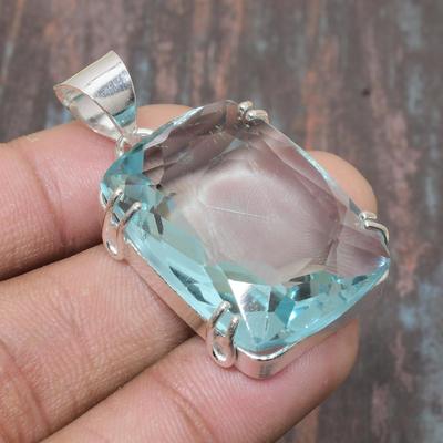 Swiss Blue Topaz Gemstone Handmade Solid 925 Sterling Silver Jewelry Pendant