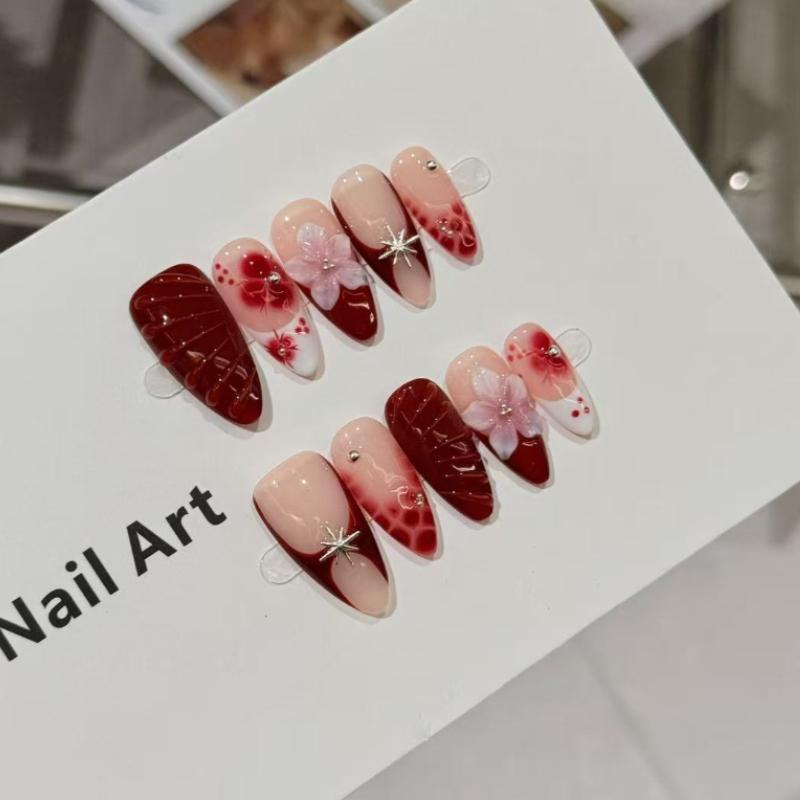 10Pcs Red Nude Press on Nails - 3D Flower & Silver Star Accent Fake Nails XS