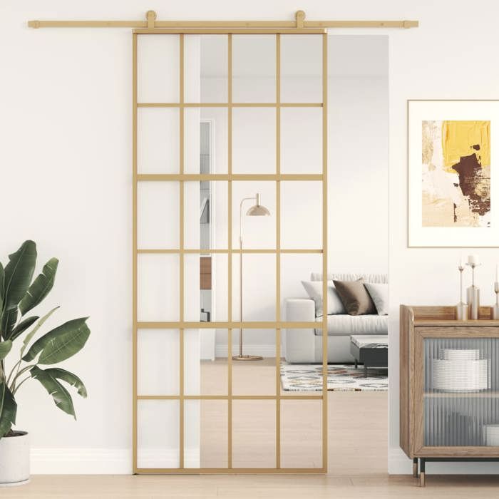 VidaXL Sliding Door, Hanging Door with Stopper, Door with Barn Panels Kitchen Home Interior, Golden Clear Glass 155173