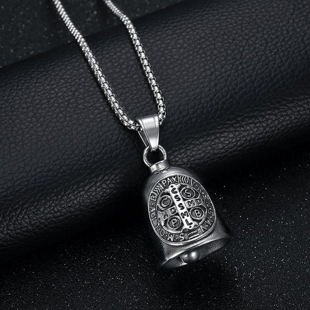 Saint Benedict Motorcycle Guardian Bell Retro Biker Good Luck Charm Religious Cross Key Chain