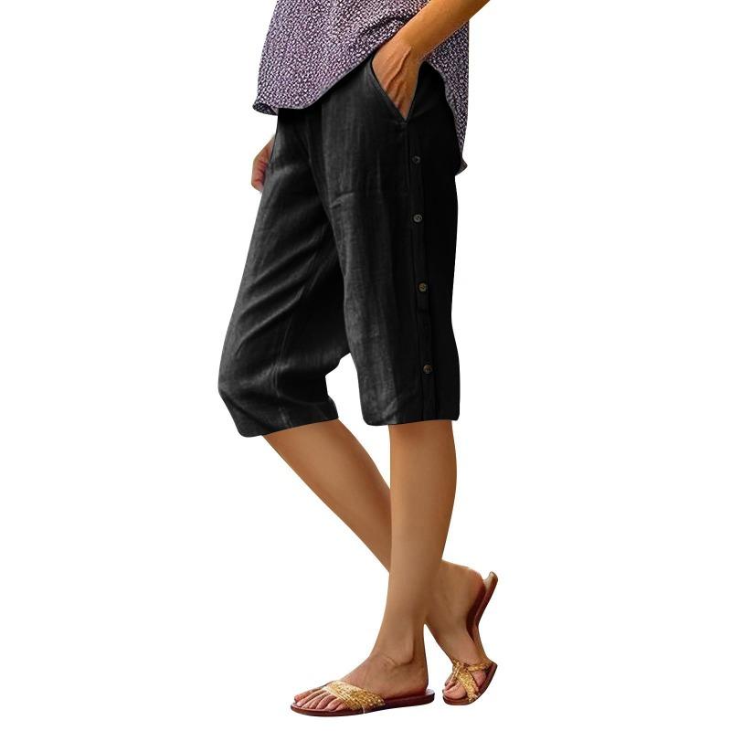Women's Olive Green Linen Blend Capri Pants with Side Button Detail Casual Loose Summer Trousers