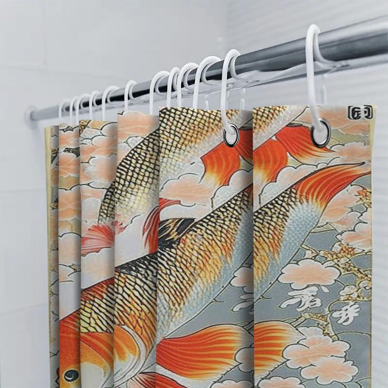 Modern Bathroom Decor Creative Fish Print Shower Curtain Set For Home Bathing Area With Hook Rods Includedpeach Blossom Design I