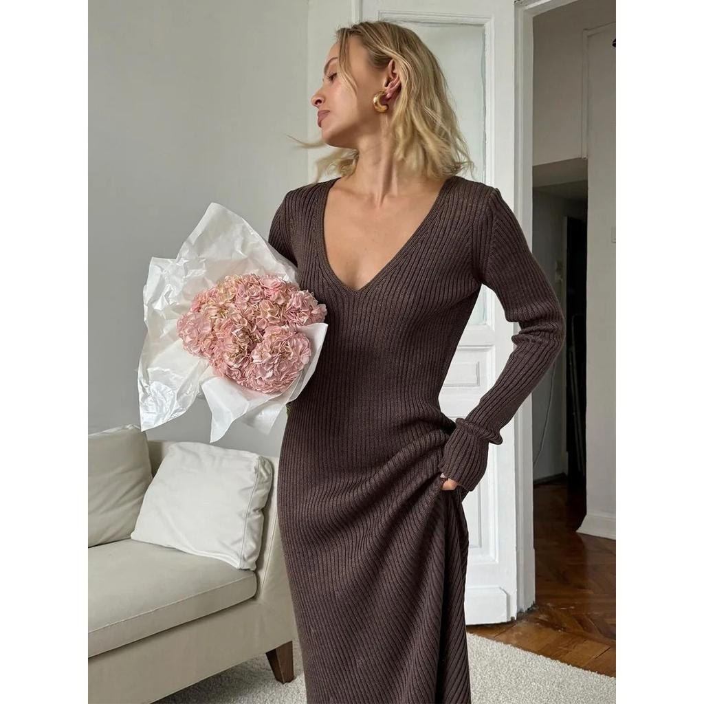 Women's New Solid Color Long Sleeve V-neck Slim Bodycon Knitted Maxi Dress Trendy Elegant Fashion Dresses