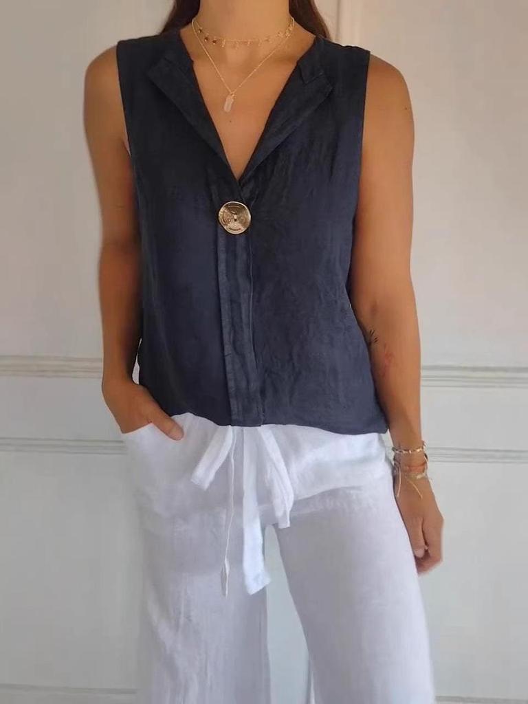 2026 New Women's Cotton Linen Sleeveless Casual Top with Faux Cardigan Collar
