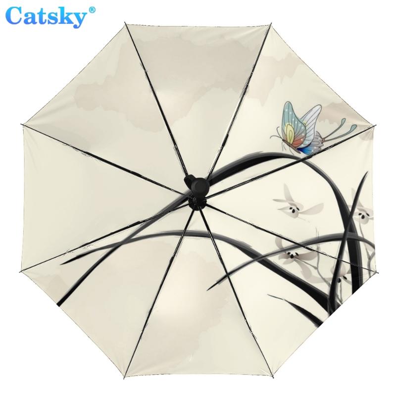 

Полностью автоматический трехстворчатый складной зонт с китайской росписью и черным покрытием, анти-УФ-защита от солнца, женский зонтик от дождя