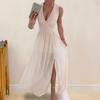 Dames Avondjurk V-hals Mouwloos Geplooid Splitzoom Slanke Taille Vloerlengte Effen Kleur Bruiloft Cocktail Party Gala Maxi Jurk