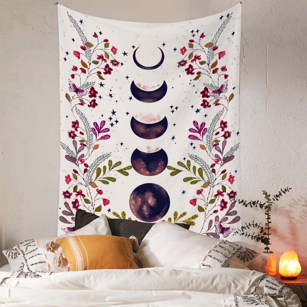 VIKAMA Vintage Floral Moon Phase Tapestry Bohemian Flower Star Moon Wall Blanket for Bedroom Living Room Dormitory Decor