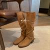 Really soft leather~ Mailladne heightening boots women's 2025 autumn and winter new pleated stacking boots tall boots
