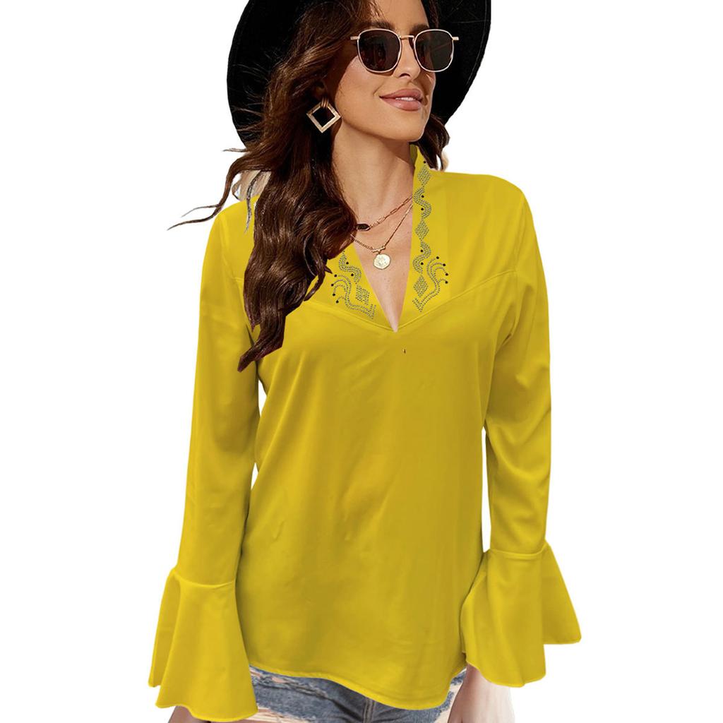 HNXC Women's Autumn Collection: Low-cut, Rhinestone, High-neck, Solid-color Lotus Leaf Long-sleeved Shirt for Women