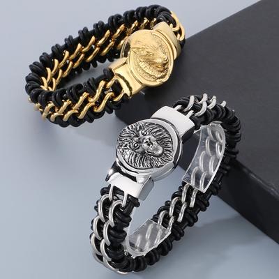 Punk Men's Bracelets for Men Gold Color Stainless Steel Cowhide Wolf Lion Head Bracelet Men Birthday Wrist Hand Jewelry Gifts