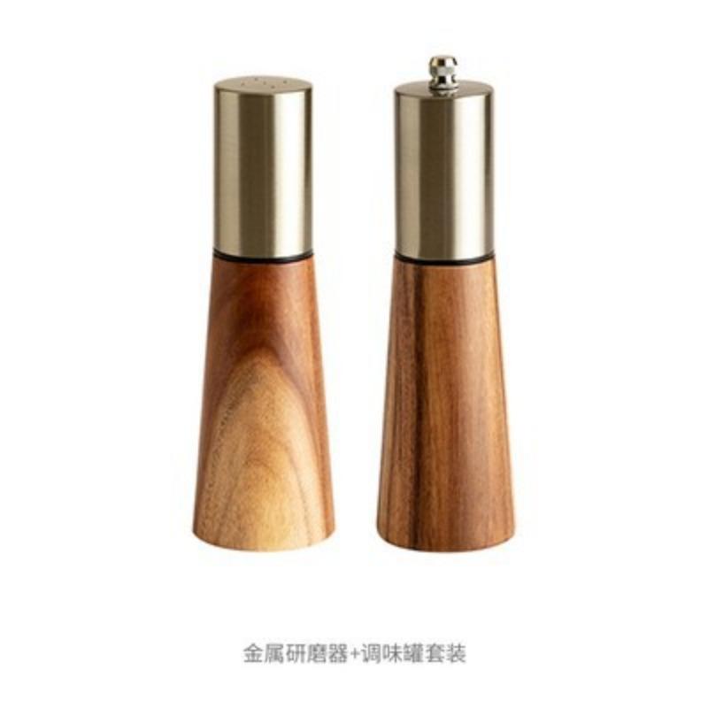 Pepper Coarse Salt Grinder Metallic Acacia Wood Kitchen Seasoning Jar Pepper Mill Set Spice Jar Salt Shaker Kitchen Supplies