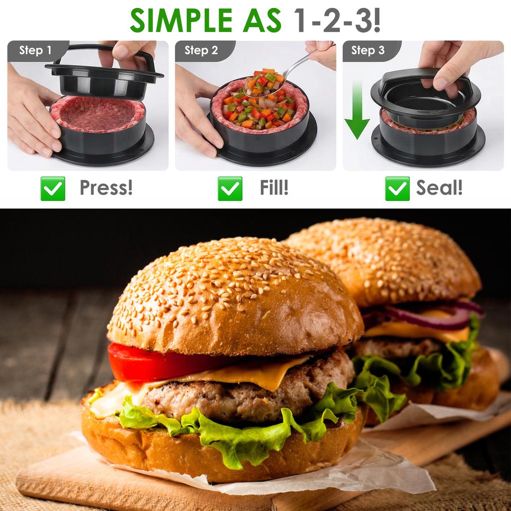 Hamburgerfleischpresse 3-in-1 Hamburgerpresse Patty-Hersteller mit 100 Stück Patty-Papier Abnehmbare Antihaft-Burgerform für die Küche