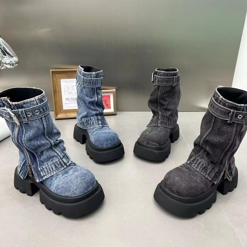 2025 Designer Denim Damen Stiefeletten Mode Elegant Seitliche Reißverschlüsse Gürtelschnalle Schuhe Dicker Absatz Damen Morder Kurze Stiefeletten