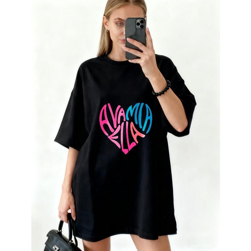 Oversized T Shirt Black Avamia Bella Heart Graphic Print Casual Streetwear Fashion Top For Women Summer Outfit