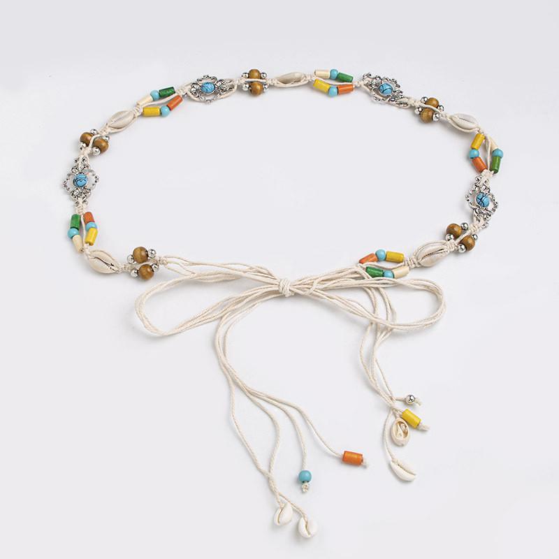 Bohemian Waist Cord With Embellished Shells And Wooden Beads For Beach And Vacation Accessories