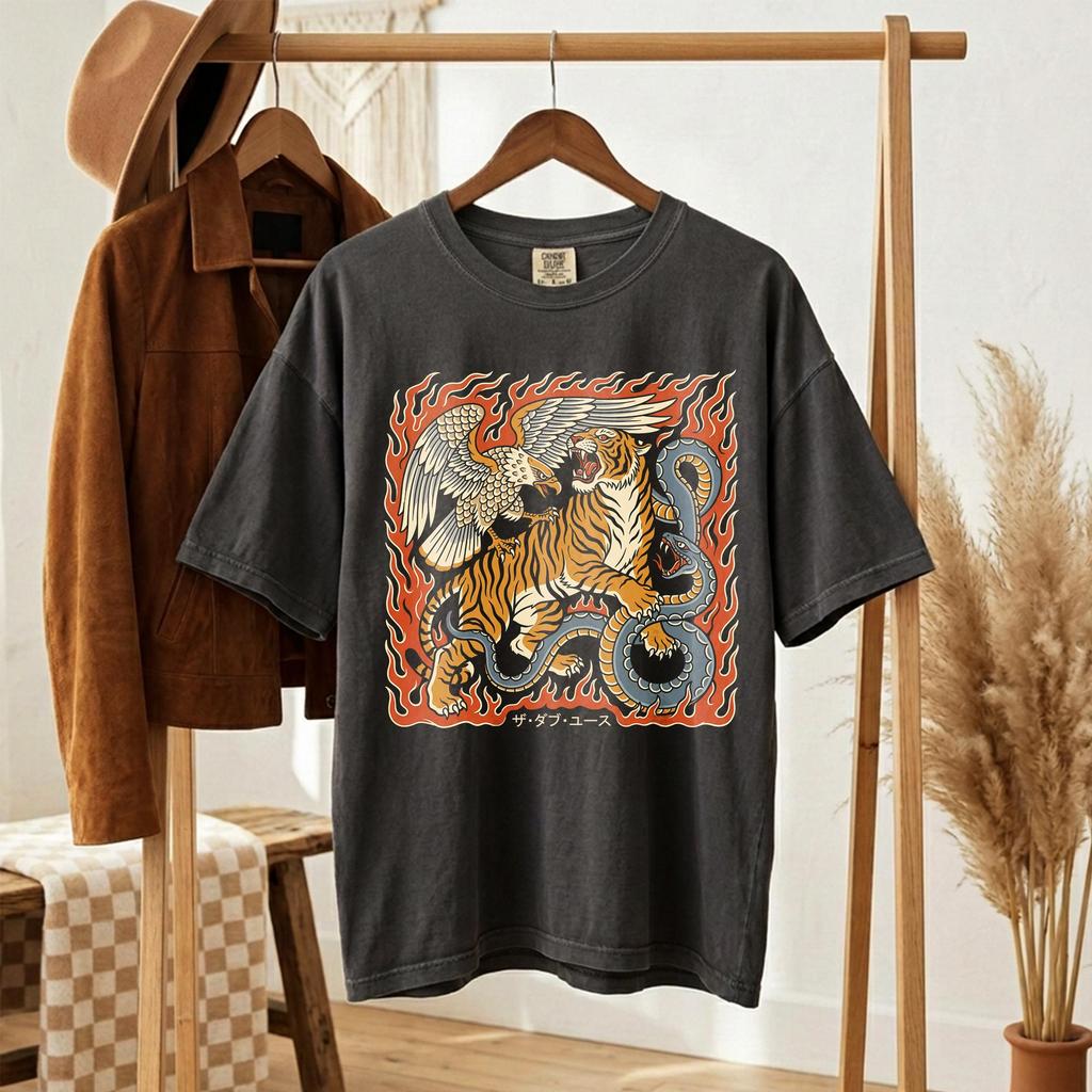 Vintage Tiger Graphic Tee, Traditional Tattoo Flash Shirt, Eagle and Snake Apparel, Japanese Streetwear, Edgy 90s Biker Clothing