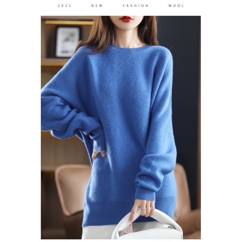 Women's Mid-Length Loose Knit Pullover: Round Neck, Drop Shoulder, Long Sleeve, Solid Color, Autumn/Winter Korean Style.