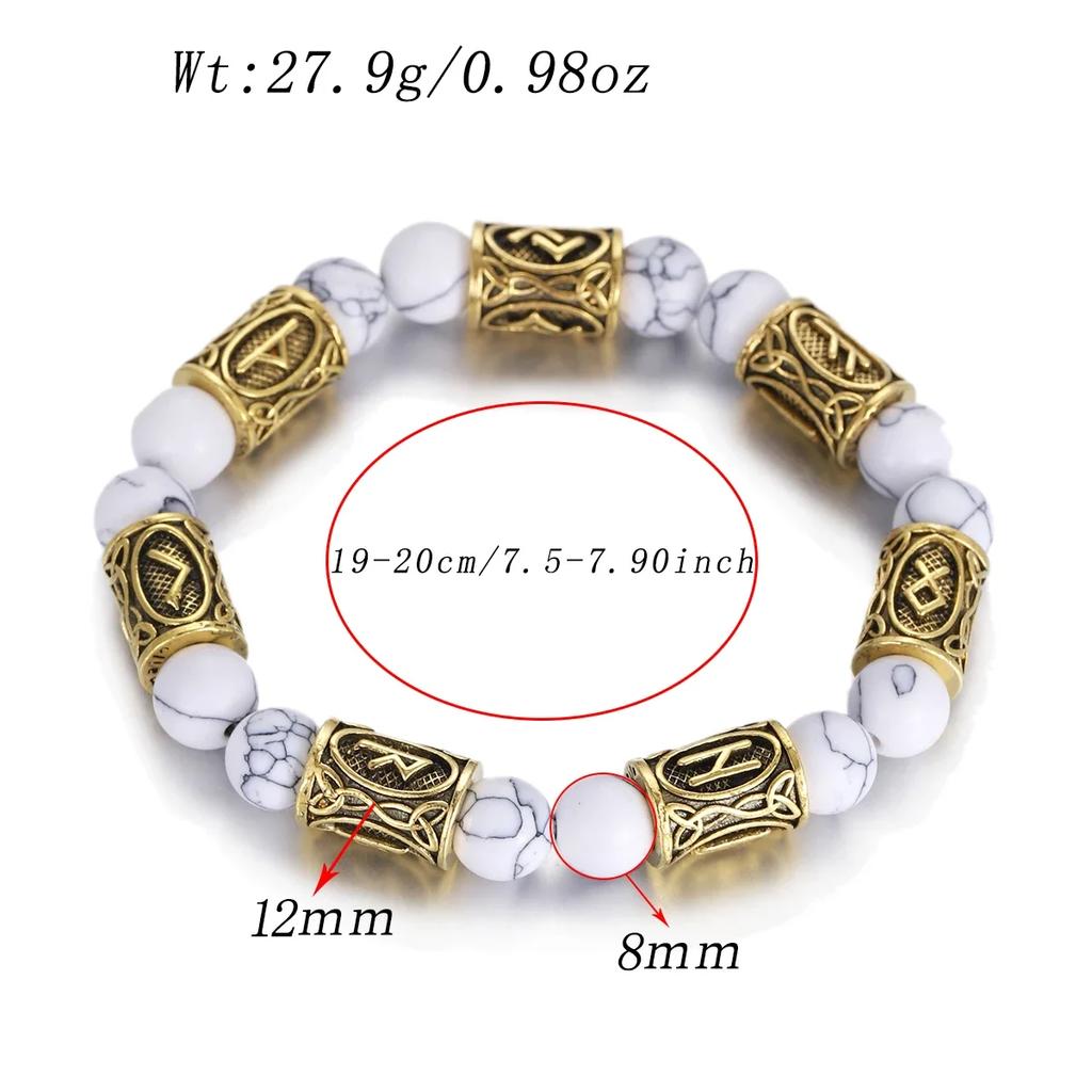 Classic Gold Vikings Runes Bracelet 8Mm Lava Stone Handmade Elastic Jewelry for Women Men