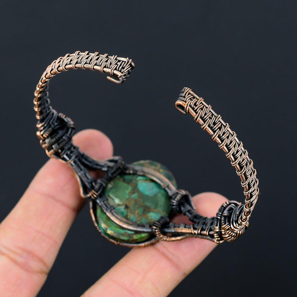Amazing Copper Malachite Gemstone Handmade Copper Wire Wrap Jewelry Adjustable Cuff