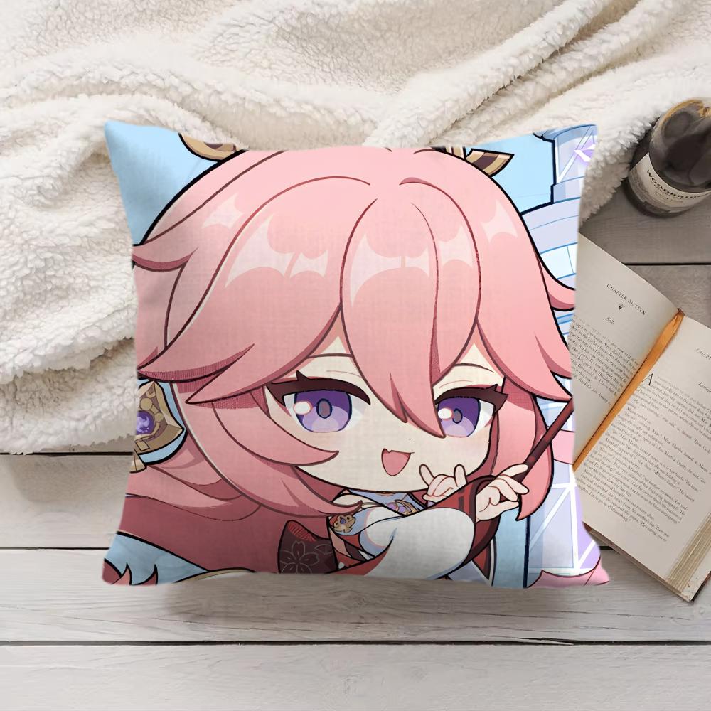 Yae Miko Cute Genshin Impact Cushion Cover Silky Short Plush Invisible Zipper Dustproof Sofa Pillow Case For Home Decor