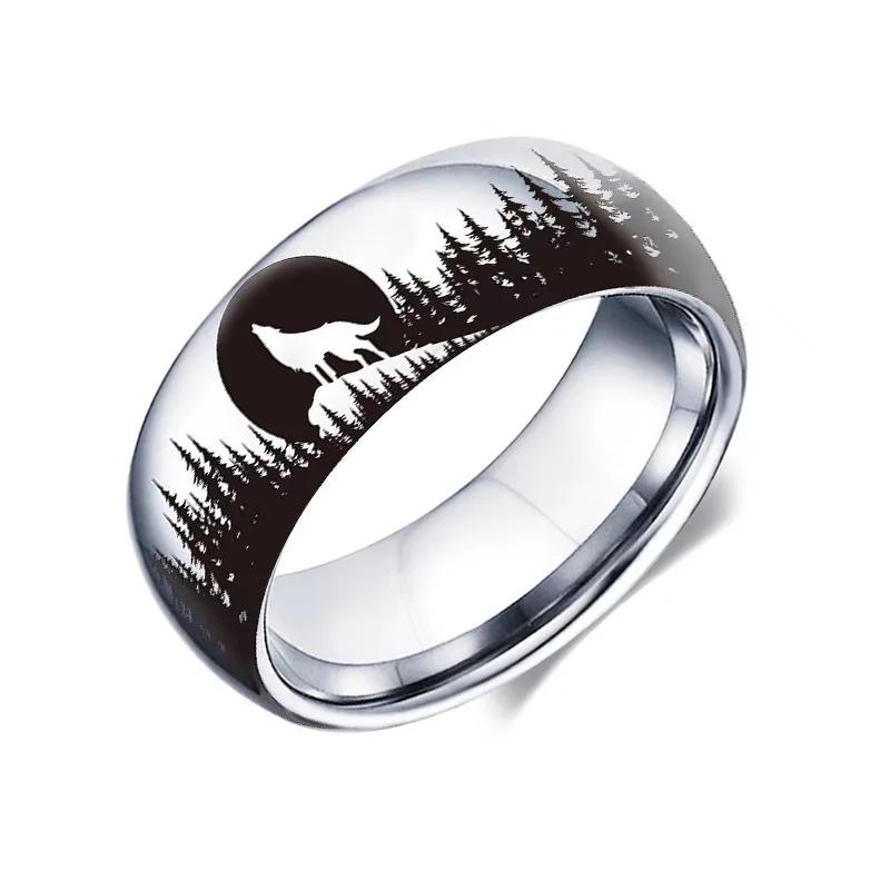 

8MM Fashion Moon Wolf Men Stainless Steel Jewelry Wedding Band Steel Rings Women Men Engagement Party Unisex Ring For Gift 13 чорний