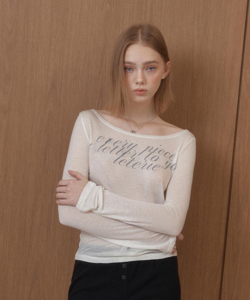 LETERIE Lettering Off-Shoulder Tie Long Sleeve_Sheer White