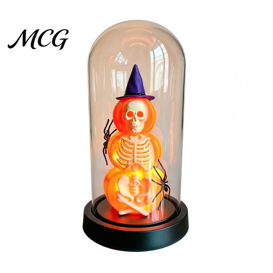 Unique Halloween Gift Decoration, Lighted Skeleton in Clear Dome Cloche with Warm Glow, Battery Year-round Decor Operated Skull Lamp Witch Hat
