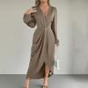 Women's Satin Wrap Long Dress V Neck Long Sleeve Maxi Dress High Slit Party Dress Cocktail Evening Gown